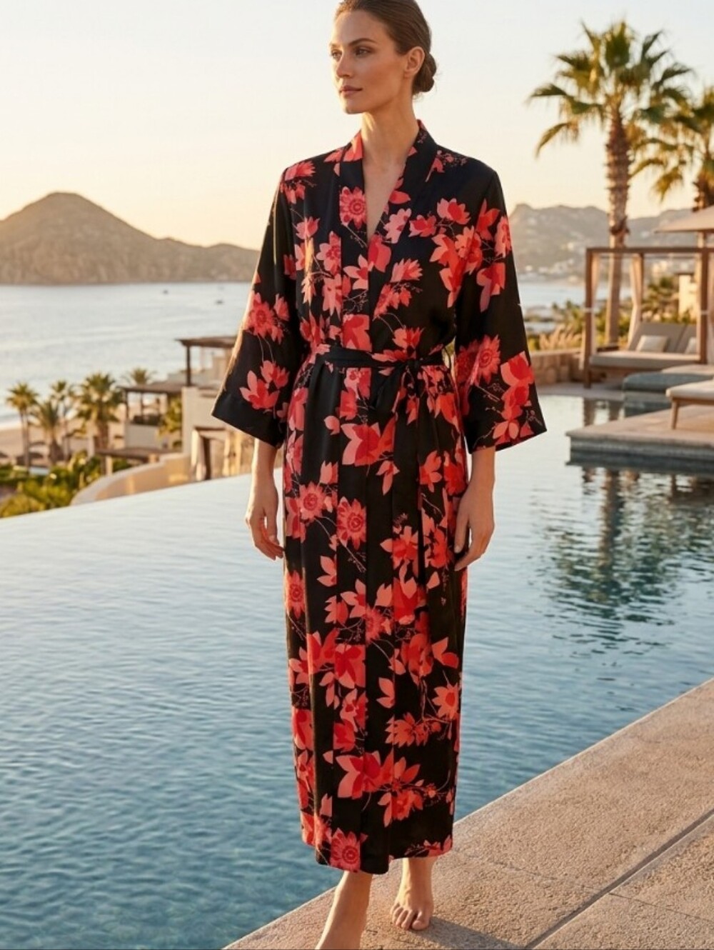 Vintage 90s August Silk Intimates Maxi Robe, 100% Pure Silk Long Kimono, Floral